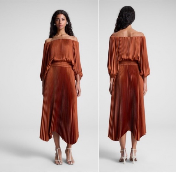 A.L.C. Sienna Satin Pleated Off Shoulder Midi Dress, Red Rock, Size 8, Nwot
